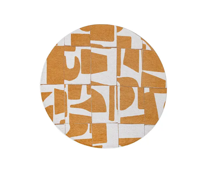 8' Yellow and White Round Geometric Non Skid Area Rug