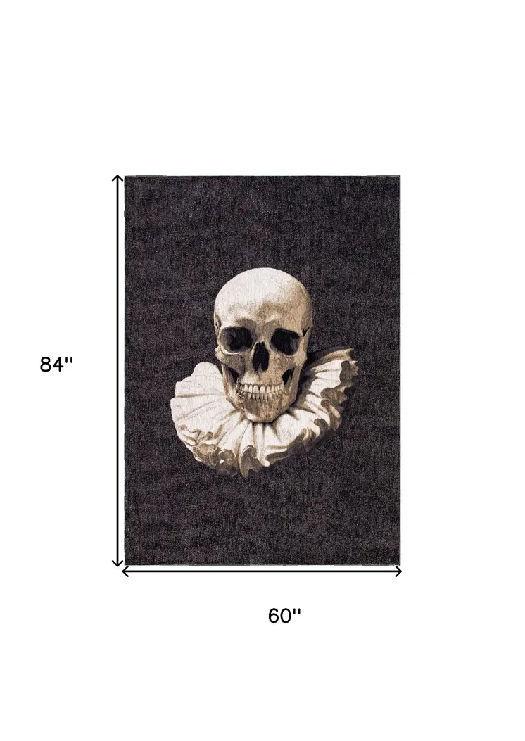 6' X 8' Black and White Funky Skull Non Skid Area Rug