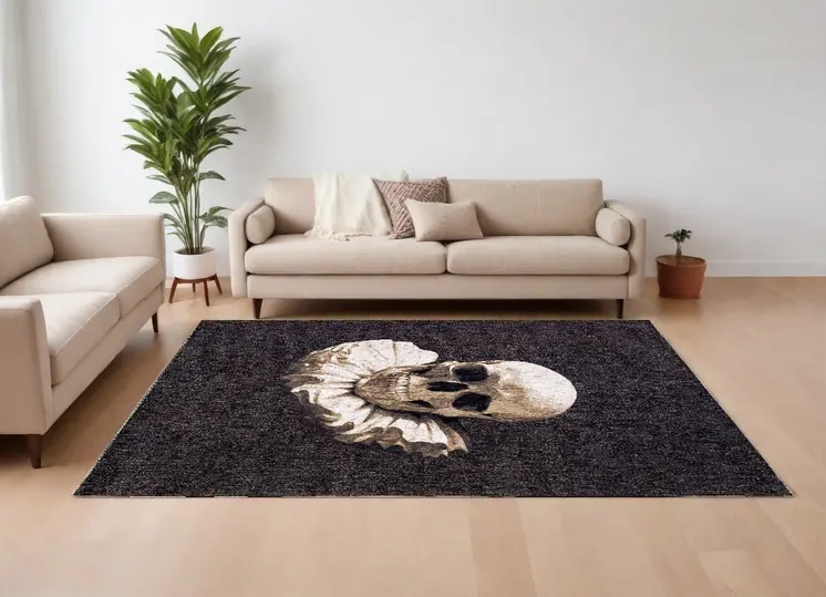 7' X 9' Black and White Funky Skull Non Skid Area Rug