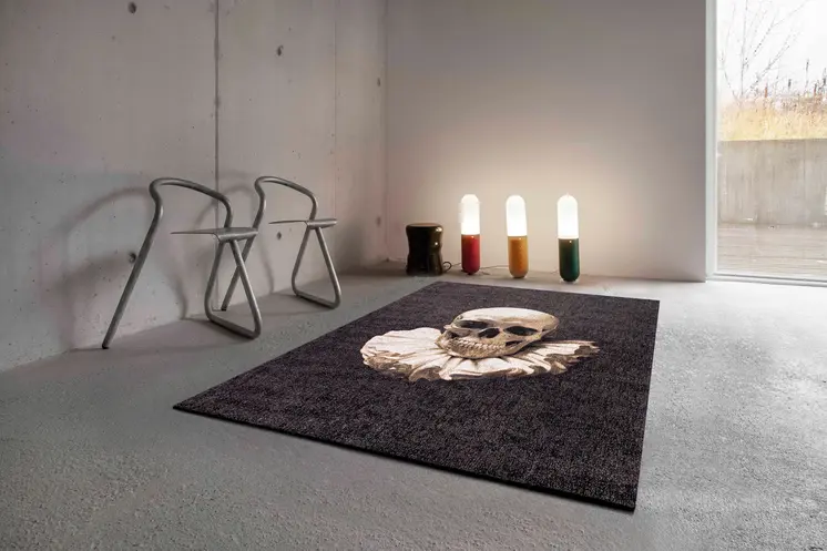 9' X 13' Black and White Funky Skull Non Skid Area Rug
