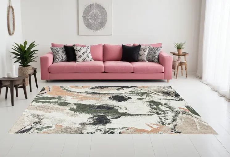 7' X 9' Gray and Orange Abstract Non Skid Area Rug