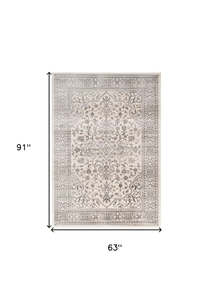 5' X 8' Ivory and Gray Oriental Area Rug