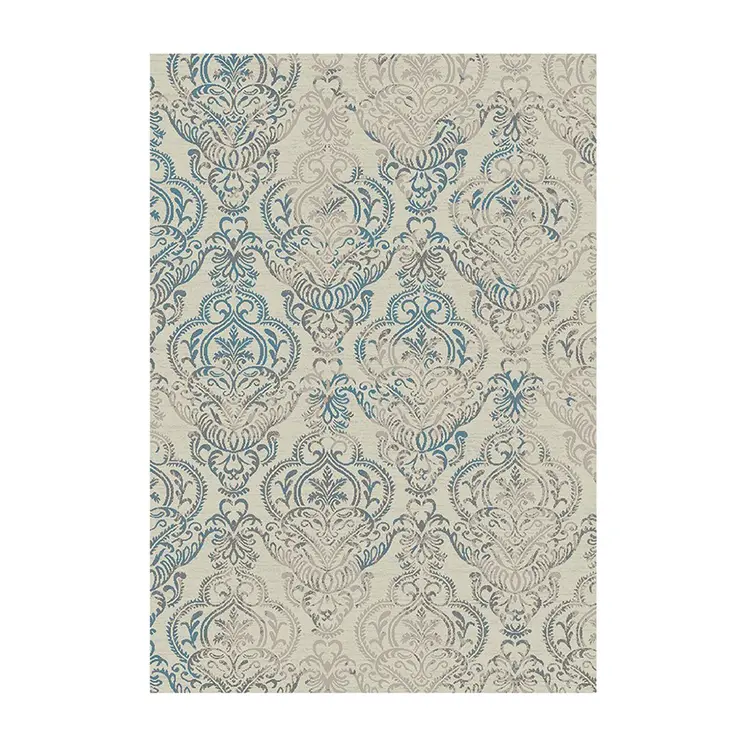 5' X 8' Ivory Blue and Gray Damask Distressed Area Rug