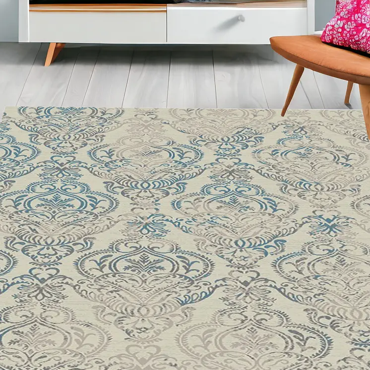 5' X 8' Ivory Blue and Gray Damask Distressed Area Rug