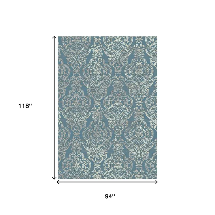 8' X 10' Blue and Beige Damask Distressed Area Rug