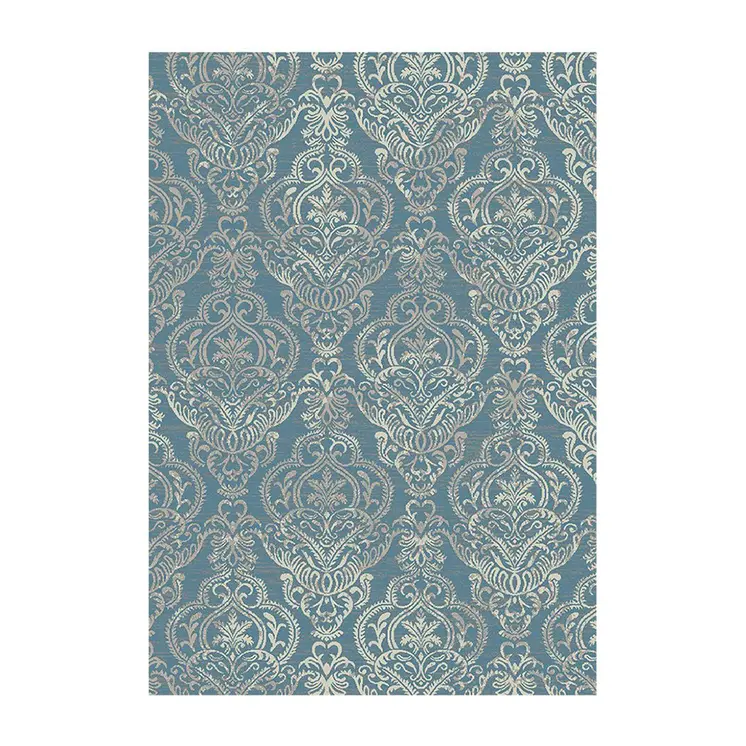 8' X 10' Blue and Beige Damask Distressed Area Rug