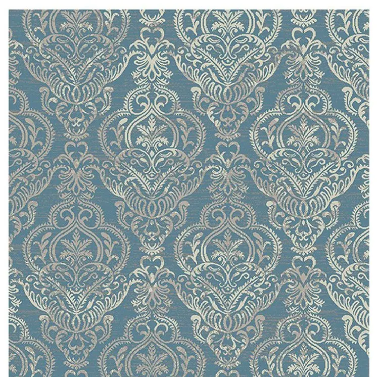 8' X 10' Blue and Beige Damask Distressed Area Rug