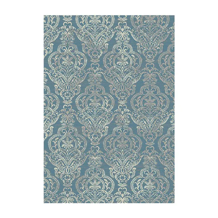 8' X 10' Blue and Beige Damask Distressed Area Rug