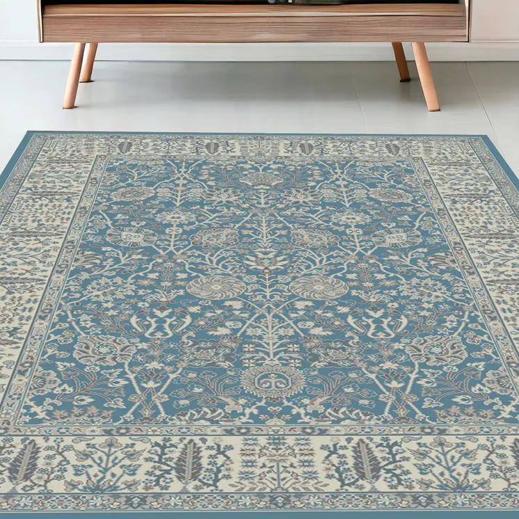 5' X 8' Blue and Ivory Oriental Area Rug