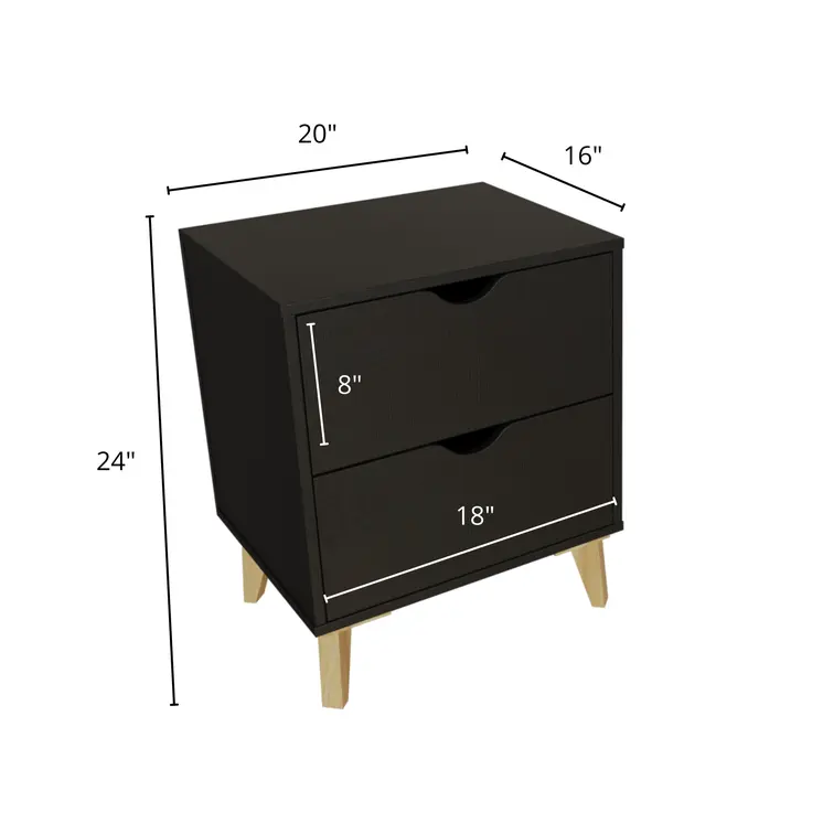 24" Black Wood Two Drawer Nightstand