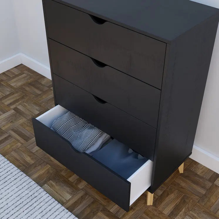 30" Black And Natural Wood Four Drawer Dresser