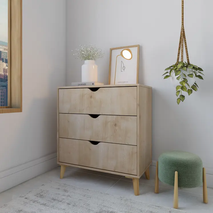 30" Natural Wood Three Drawer Dresser