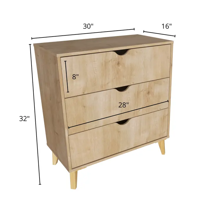 30" Natural Wood Three Drawer Dresser