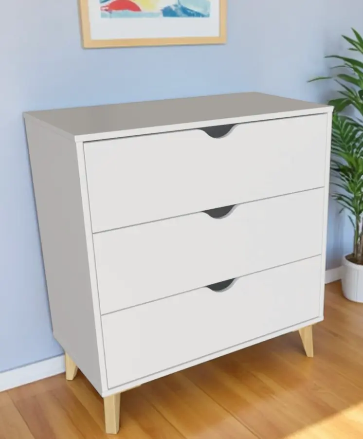30" White And Natural Wood Three Drawer Dresser