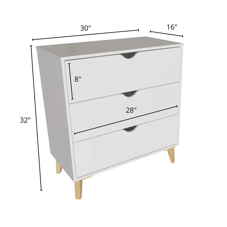 30" White And Natural Wood Three Drawer Dresser