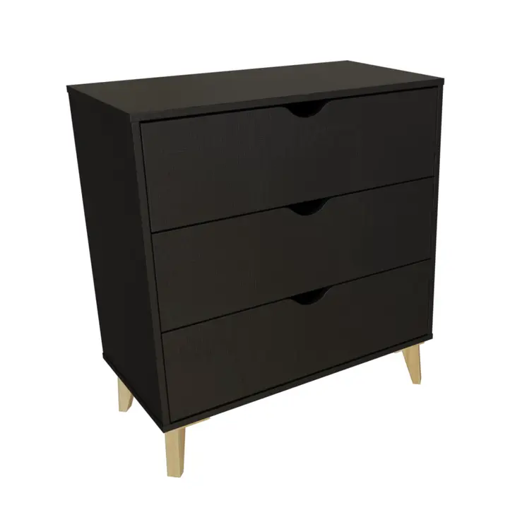 30" Black And Natural Wood Three Drawer Dresser