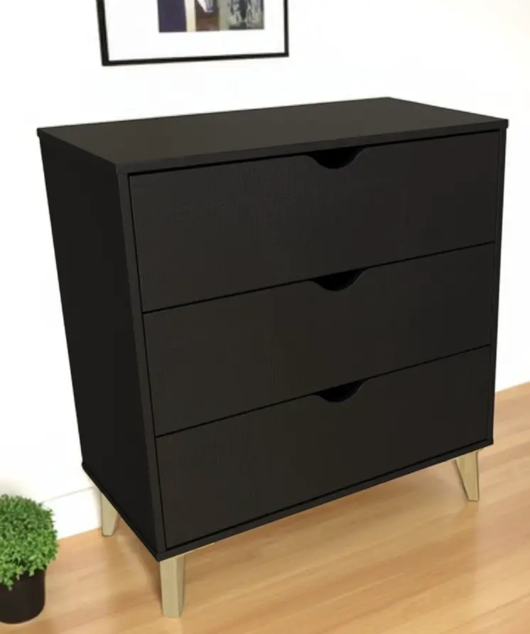 30" Black And Natural Wood Three Drawer Dresser