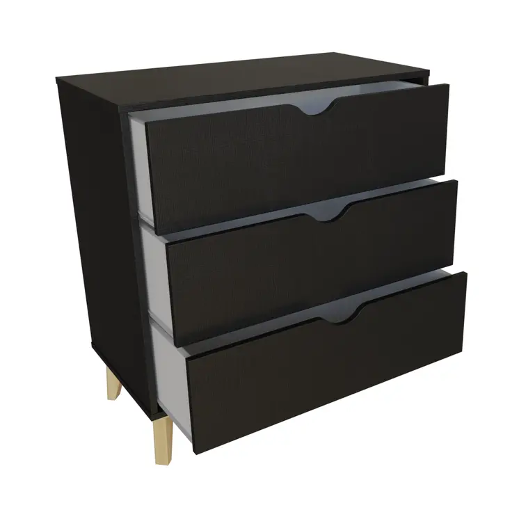 30" Black And Natural Wood Three Drawer Dresser