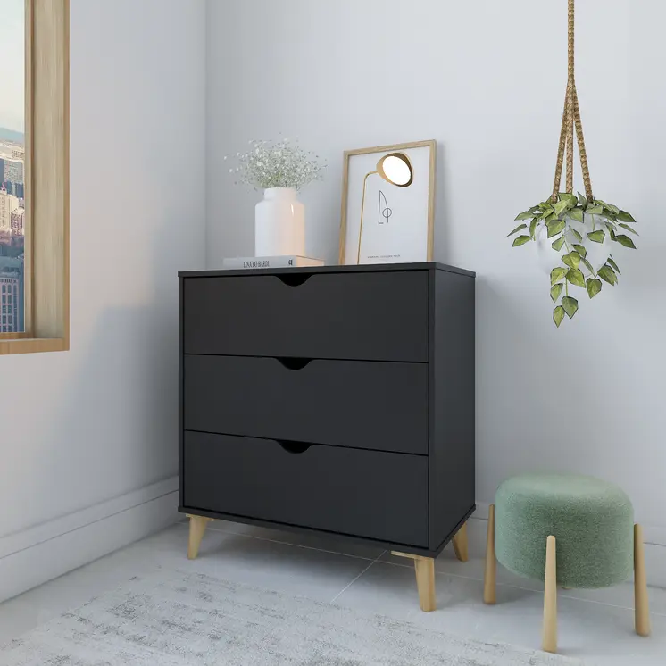 30" Black And Natural Wood Three Drawer Dresser