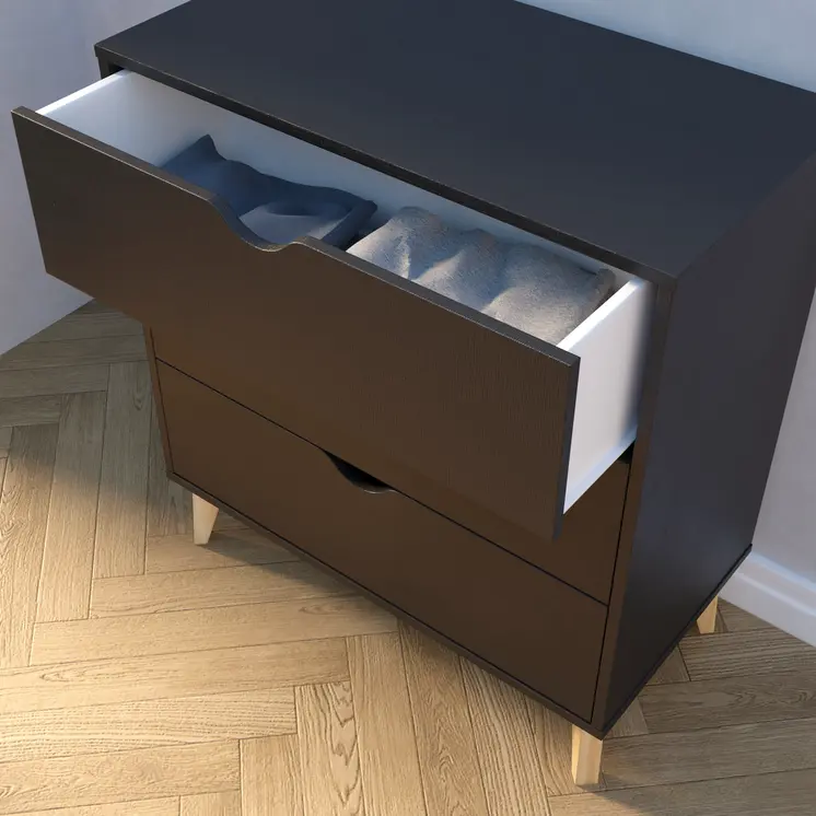 30" Black And Natural Wood Three Drawer Dresser