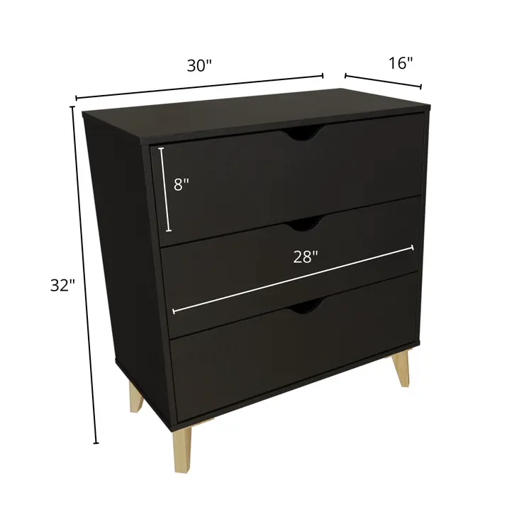 30" Black And Natural Wood Three Drawer Dresser