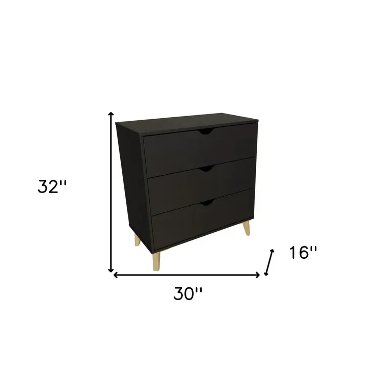 30" Black And Natural Wood Three Drawer Dresser