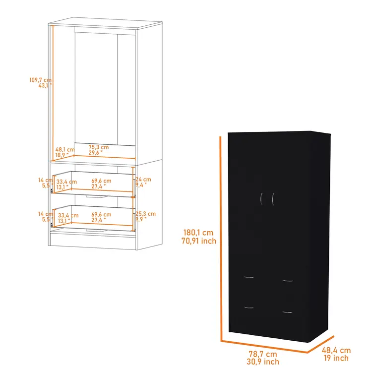 71" Black Two Door Two Drawer Combo Dresser