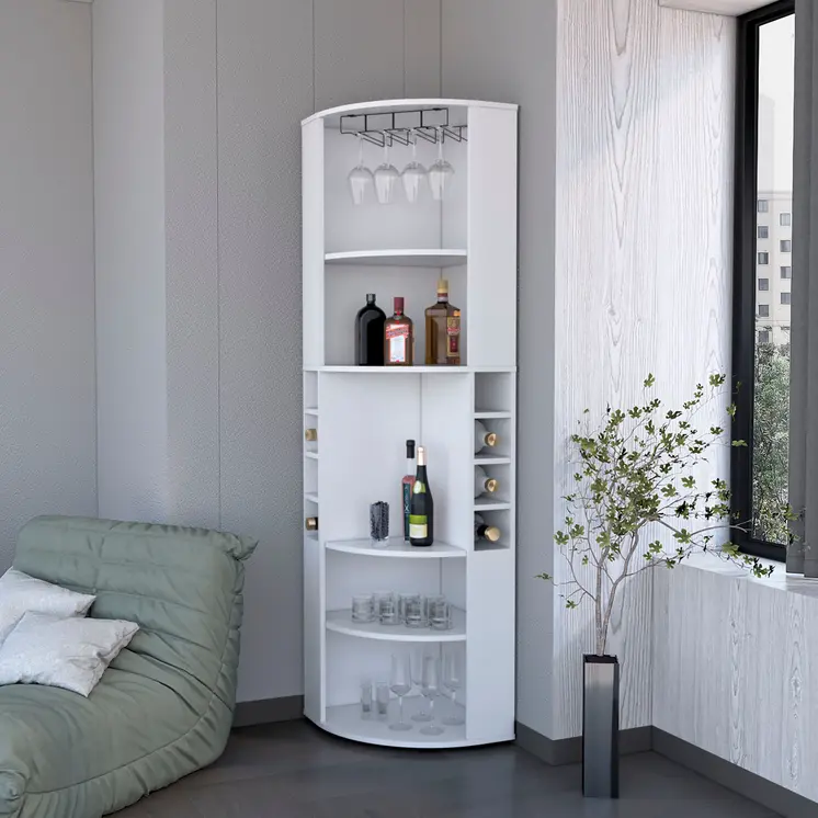 71" White Wood Corner Bar Cabinet