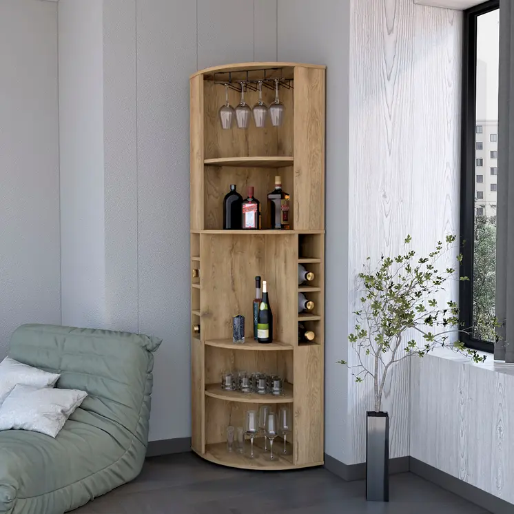 71" Natural Wood Corner Bar Cabinet