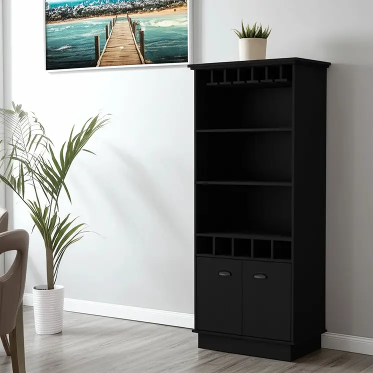 70" Black Wood Bar Cabinet With Two Doors