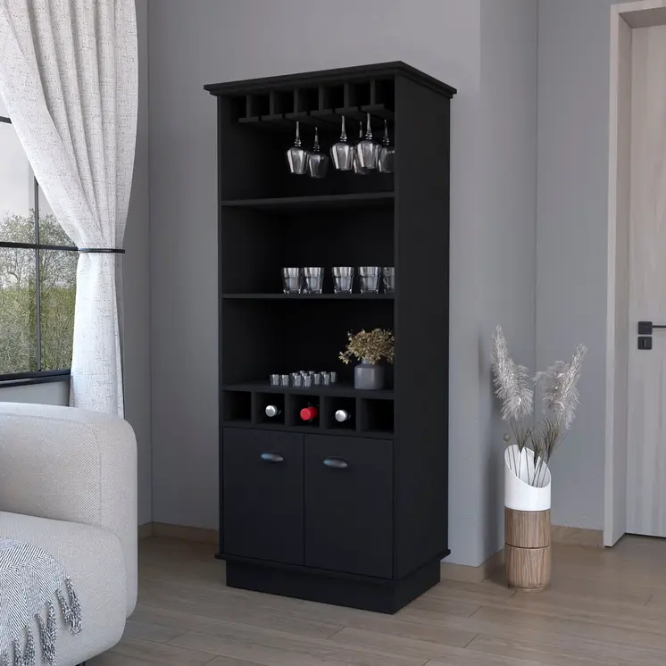 70" Black Wood Bar Cabinet With Two Doors
