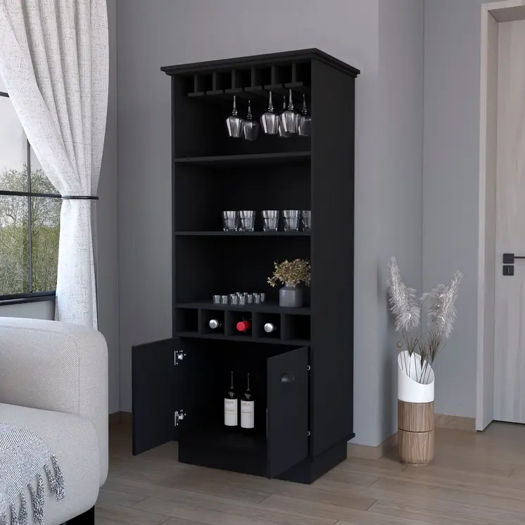 70" Black Wood Bar Cabinet With Two Doors