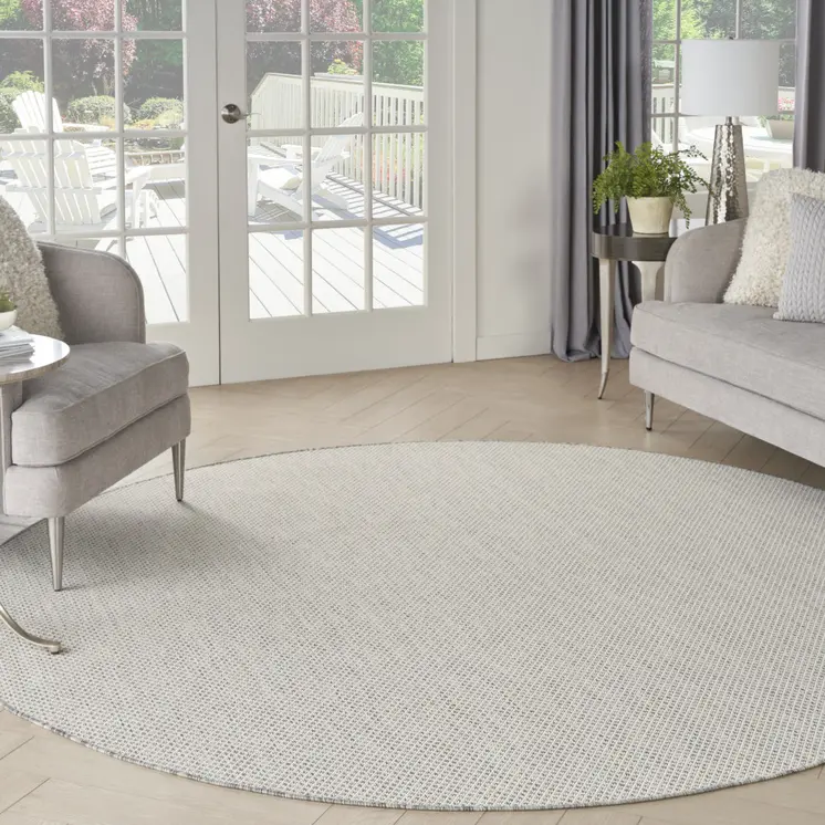 10' Ivory And Gray Round Geometric Indoor Outdoor Area Rug
