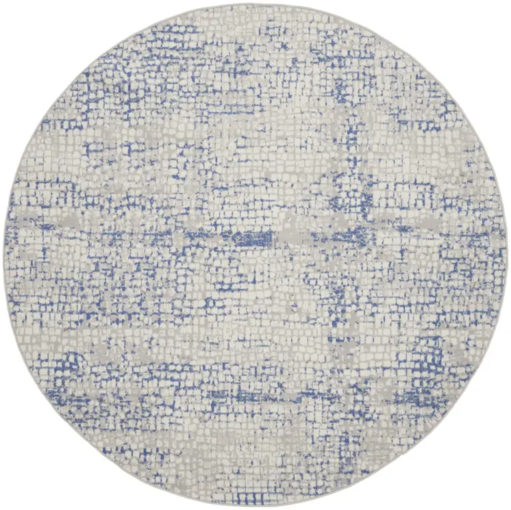 8' Ivory Blue and Gray Abstract Round Rug