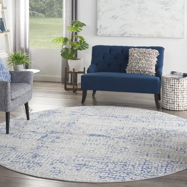 8' Ivory Blue and Gray Abstract Round Rug