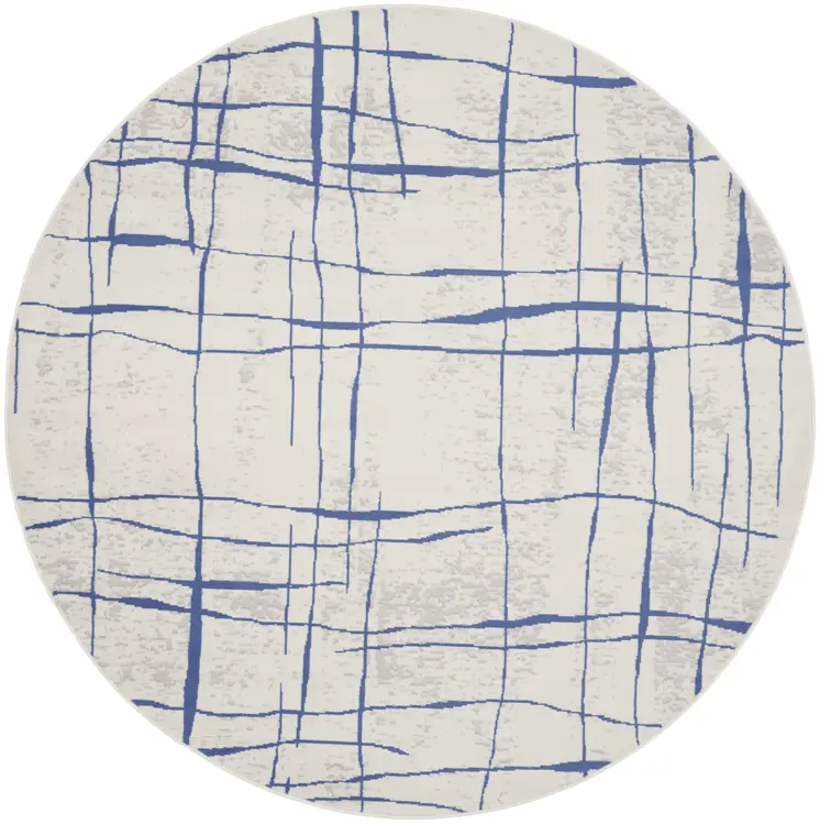 8' Ivory and Blue Abstract Distressed Round Rug