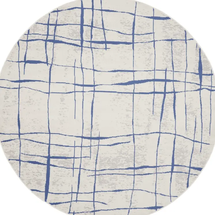 8' Ivory and Blue Abstract Distressed Round Rug