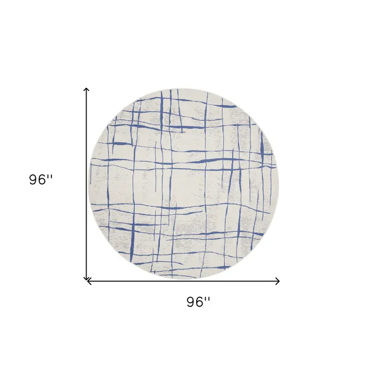 8' Ivory and Blue Abstract Distressed Round Rug