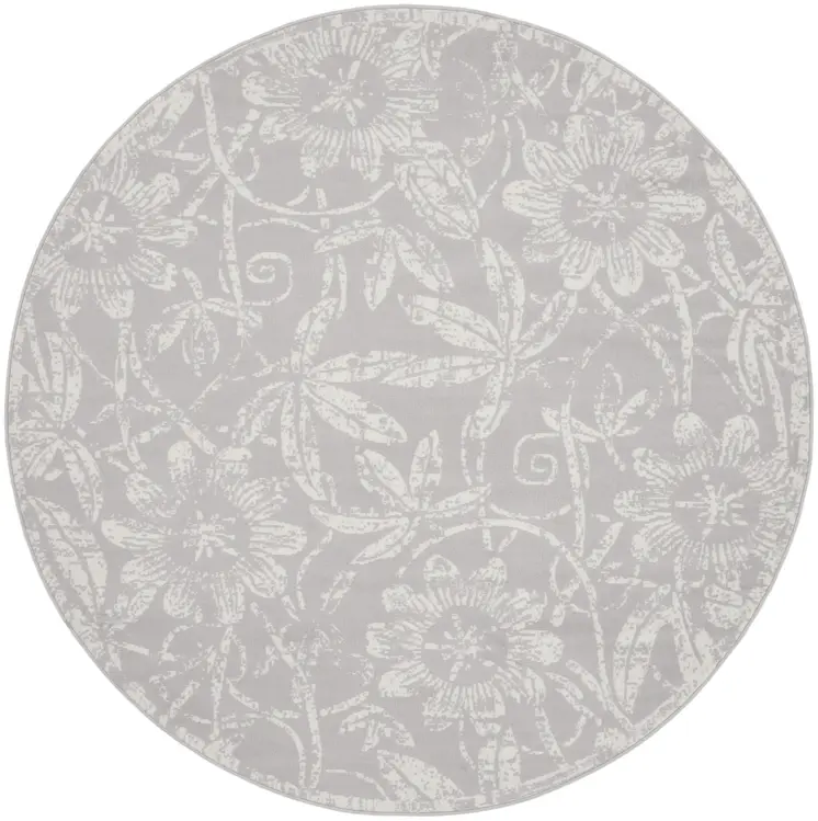 8' Ivory and Gray Floral Distressed Round Rug