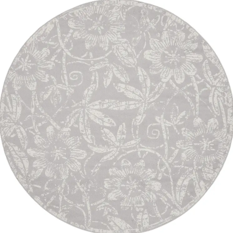 8' Ivory and Gray Floral Distressed Round Rug