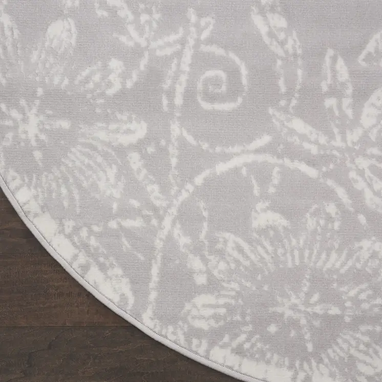8' Ivory and Gray Floral Distressed Round Rug