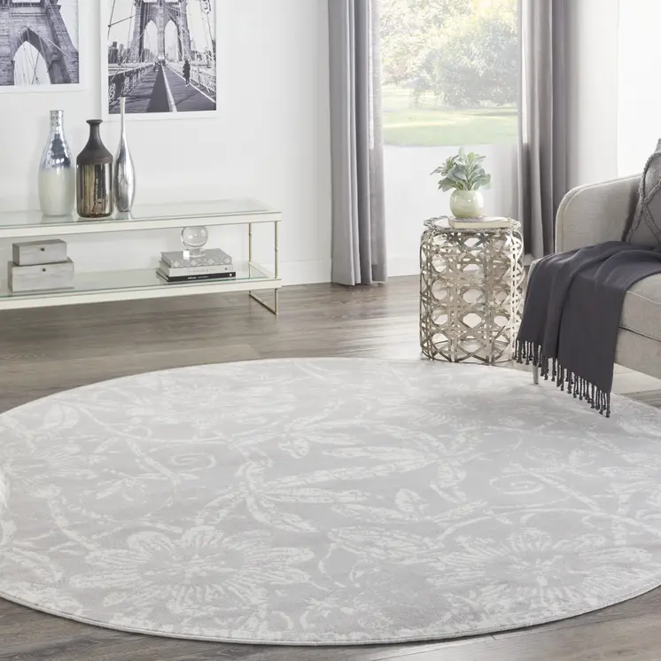 8' Ivory and Gray Floral Distressed Round Rug