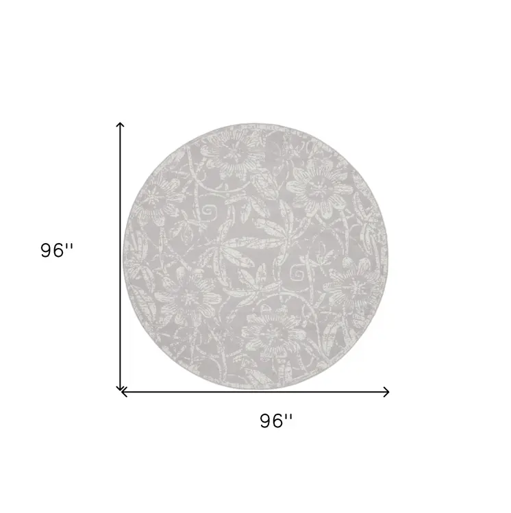 8' Ivory and Gray Floral Distressed Round Rug