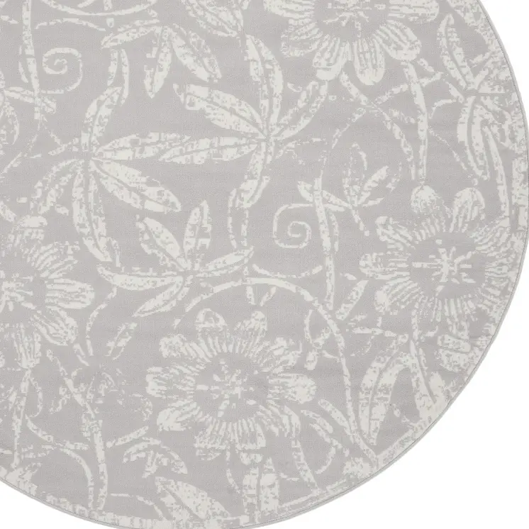 8' Ivory and Gray Floral Distressed Round Rug