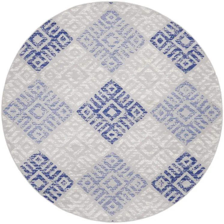 8' Beige Blue and Gray Geometric Round Rug