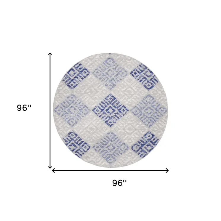 8' Beige Blue and Gray Geometric Round Rug