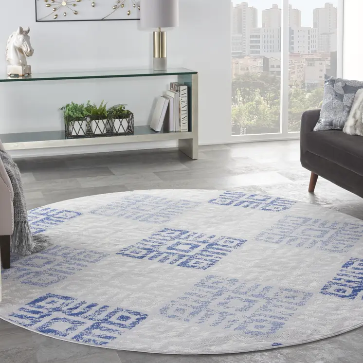 8' Beige Blue and Gray Geometric Round Rug