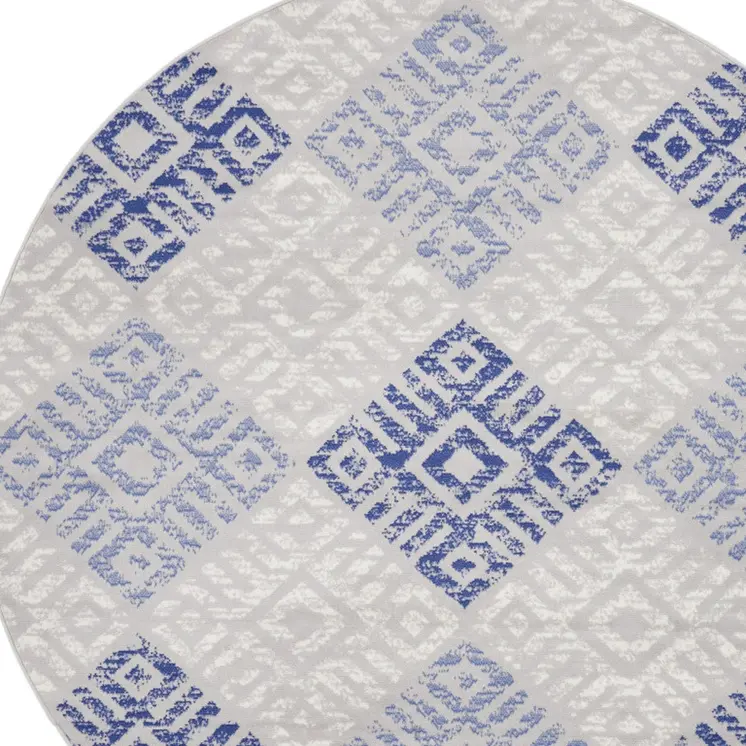 8' Beige Blue and Gray Geometric Round Rug