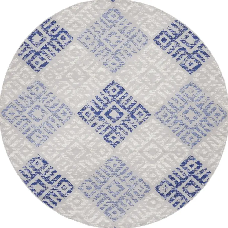 8' Beige Blue and Gray Geometric Round Rug
