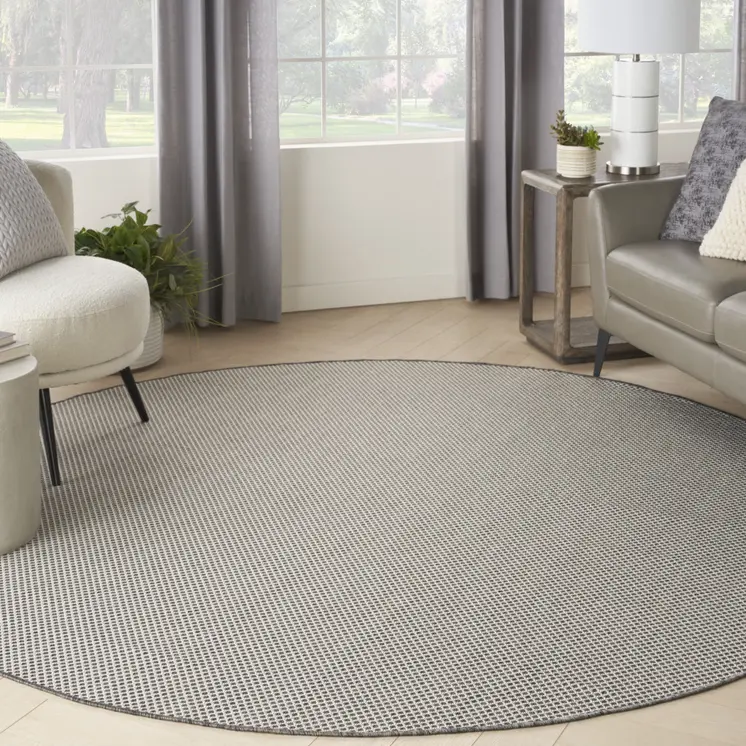 8' Ivory And Charcoal Round Geometric Indoor Outdoor Area Rug